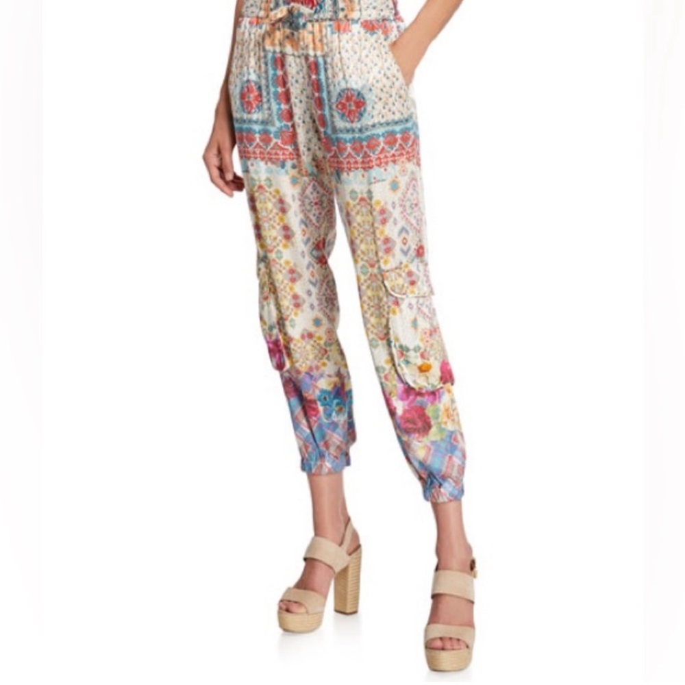 Johnny Was S Landa Printed Satin Drawstring Cargo Pants